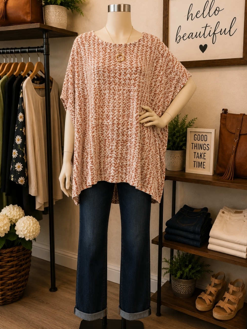 ***Nally & Millie Dusty Rose Houndstooth Knit Poncho Top